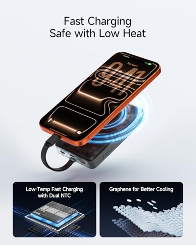 CUKTECH Magnetic Power Bank, 10000mAh Portable Charger, 20W Fast Charging & 7.5W Wireless, Built-in USB-C Cable, Battery Pack for iPhone 15/16/17 Series, Samsung, for Travel, Work & Daily Use