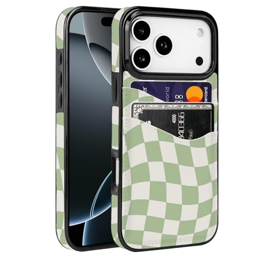 Compatible with iPhone 17 Pro Wallet Case (Green Checkerboard) | with 2 Card Holder PU Leather Slot Shockproof Soft TPU Cover for Women Girls Cute Case - color: Green Checkerboard, size: iPhone 17 Pro 6.3 inch