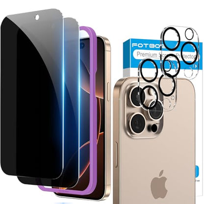 Fotbor for 2Pack iPhone 16 Pro Max Privacy Screen Protector with 2Pack Camera Lens Protector, Anti Spy 9H+ Tempered Glass with Easy Installation Kit, No Bubble - size: iPhone 16 Pro Max-6.9 inch