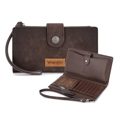 X Wrangler Wallets Women Minimalist Wristlet Wallets, Card Cases & Money Organizers Wallet Bifold with Phone Pocket - color: Coffee