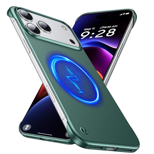GRECAZO Magnetic Frosted Frameless Case for iPhone 17 Pro Max, Dark Green | Compatible with MagSafe, Metallic Finish, Hard PC Cover, Ultra Thin Lightweight Minimalist Borderless, Slim Fit, 6.9-Inch - color: Dark Green, size: iPhone 17 Pro Max