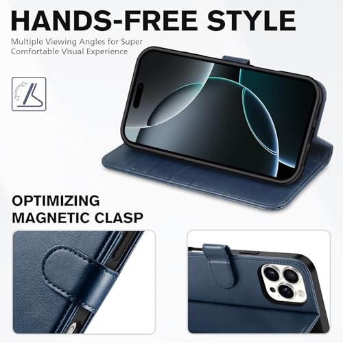 TUCCH Case Wallet for iPhone 16 Pro Max, RFID Blocking Folio, Dark Blue | 4 Card Holders, Kickstand, PU Leather, Magnetic Closure, Shockproof TPU Shell, Protective Flip Cover - color: Dark Blue