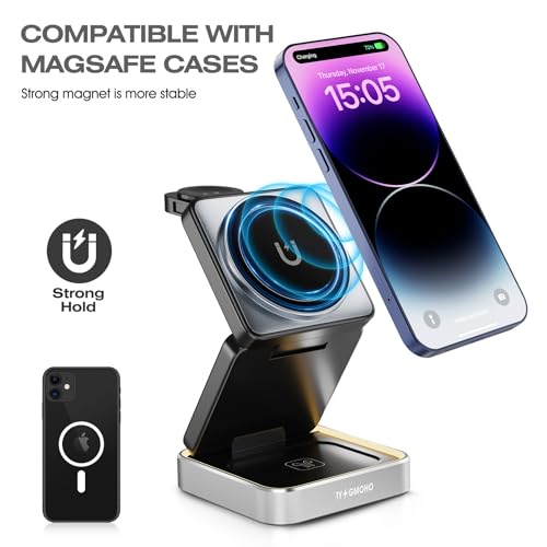 Portable 3 in1 Magsafe Wireless Charger Station for Apple iPhone, Multiple Devices, Foldable Travel Charging Stations, Magnetic Fast Charger with Light for iPhone 12-16 Series for Apple Watch & Airpod