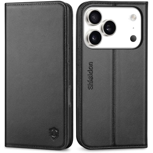 SHIELDON Genuine Leather Wallet Case for iPhone 17 Pro 6.3" 2025, Black | Flip Magnetic Cover, Kickstand, RFID Blocking, 3 Credit Card Holder, Book Design, Shockproof, Soft Inner Phone Case - color: Black
