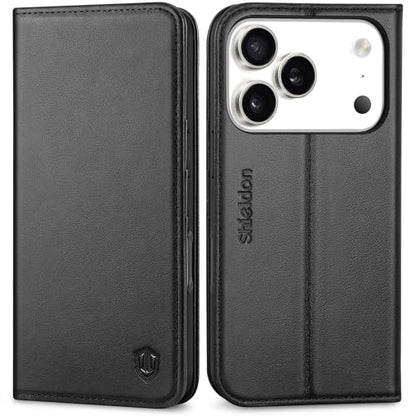SHIELDON Genuine Leather Wallet Case for iPhone 17 Pro 6.3" 2025, Black | Flip Magnetic Cover, Kickstand, RFID Blocking, 3 Credit Card Holder, Book Design, Shockproof, Soft Inner Phone Case - color: Black