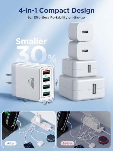 USB Charger Block, 2Pack 4 Multi USB Fast Charging Block QC3.0 Wall Charger Blocks 3.1A Multi USB charger Plug Cube for iPhone 17/16/15/14/13 Pro Max,iPad,Samsung Galaxy,Android Phone,Multiple Devices