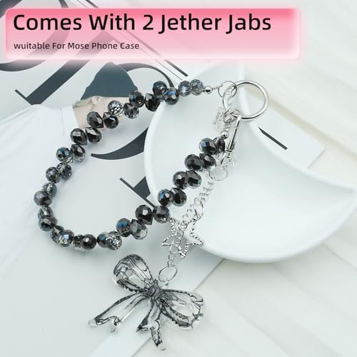 Crystal Beaded Phone Wrist Strap, Cute Cellphone Lanyard Chain, Bow Keychain Wristlet Bag Charms for Women - color: Bow/Black