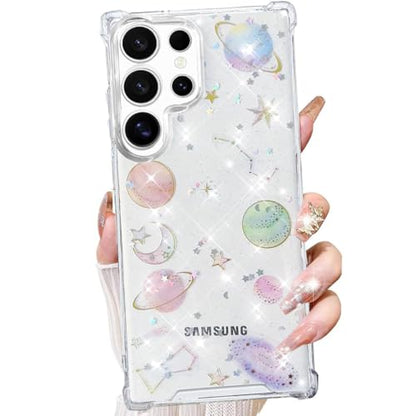Changjia for Samsung Galaxy S25 Ultra Clear Glitter Case, Cute Bling Sparkle Planet Space Stars Moon Universe Pattern Soft TPU Bumper Shockproof Women Girls Protective Case for Galaxy S25 Ultra, Clear - size: for Samsung Galaxy S25 Ultra