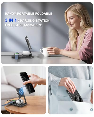 3 in 1 Magnetic Wireless Charger,Foldable Charging Station Built-in Retractable Cable,15W Portable Wireless Charging Stand for iPhone 16 15 14 13 12,Apple Watch,AirPods (20W Adapter) (Black) - color: Black