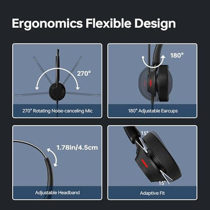USB Wired Headset with Mic for Work, Single Ear Headset with Noise Canceling, Lightweight Computer Headset with in-line Control for Call Center, Teams, Zoom, WFH