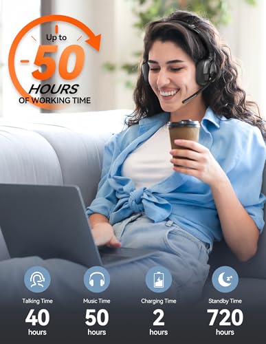 TECKNET Wireless Headset with Mic for Work, V6.0 Bluetooth Headset with AI Noise-Cancelling Microphone & USB-A Dongle, 50H Playtime & Mute, On-Ear Headphones for PC, Laptop, Phone, Office & Trucker