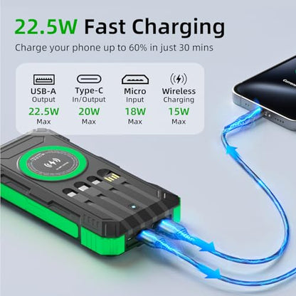 Solar Charger Power Bank 49800mAh Wireless Portable Phone Charger, 22.5W QC3.0 Fast Charging Built in 4 Cables with USB C 6 Outputs & 2 Inputs for All Cell Phone - color: Military Green
