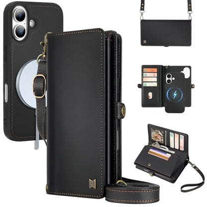 for Wallet Case Compatible with iPhone 17,Multi-Function Detachable 2 in 1 Magnetic iPhone 17 Case Wallet,Flip Strap Zipper Card Holder Phone Case with Shoulder Straps (Black) - color: Black, size: iPhone 17
