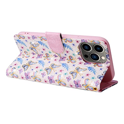 UEEBAI Wallet Case for iPhone 14 Pro, PU Leather Phone Cover Kickstand RFID Blocking Flip Case Card Slots Wrist Strap Relief Engraved Pattern Magnetic Closure Flower Folio Wallet, Butterfly - color: Butterfly, size: iPhone 14 Pro
