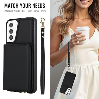 Phone Case for Samsung Galaxy S21 Plus S21+ 5G Wallet Cell Cover with Tempered Glass Screen Protector Wrist Crossbody Strap RFID Blocking Stand Card Holder S21+5G S21plus 21S + S 21 21+ G5 Women Black - color: Black