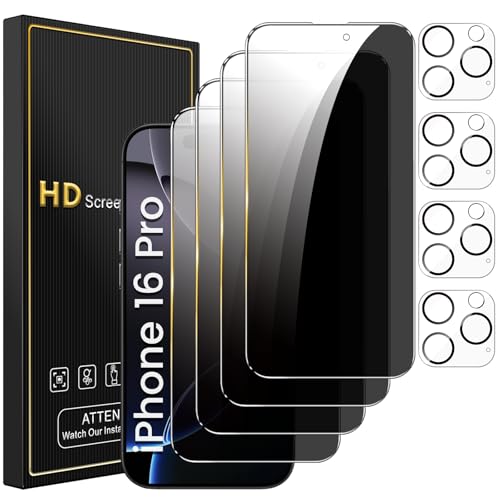 Romkasi 4 Pack Privacy Screen Protector for iPhone 16 Pro 6.3 Inch with 4 Pack Camera Lens Protector, Anti Spy Tempered Glass Film, Anti-Scratch, Touch Sensitive, Case Friendly - color: iPhone 16 Pro