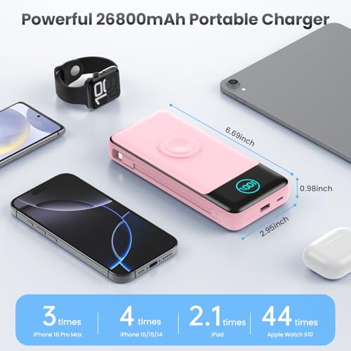 Portable Charger for iPhone with Built-in Cables and AC Wall Plug,26800mah Fast Charging USB C Power Bank,25W PD Travel Essential Battery Pack for iPhone 17/16/15/14/13,Galaxy,Apple Watch (Pink) - color: Pink