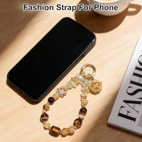 TEAMOLA Natural Stone Phone Charm - Crystal Phone Beaded Wrist Strap - color: Gold & Yellow & Black