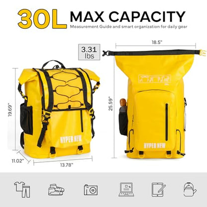 Waterproof Dry Bag Backpack 30L,Dry Backpack for Men Women Adults Teens, Kayaking Boating Hiking Camping Rafting Fishing Travel Outdoor Enthusiasts - color: Yellow