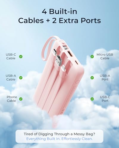 VRURC Portable Charger 20000mAh 4-Built-in-Cable Fast Charging Power Bank - color: Pink