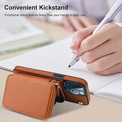 Bocasal Multi-Slot Crossbody Wallet Case for iPhone 12 Pro Max, Brown | RFID Blocking PU Leather Purse Case with Card Holder, Handbag Flip Cover with Zipper Wrist Strap Lanyard for Women 6.7 Inch - color: Brown
