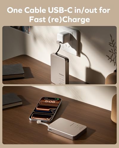 MOMAX Ultra-Slim 10000mAh Portable Power Bank with Built-in USB-C Cable, PD 30W Fast Charging Battery Pack for iPhone 17/16/15, iPhone air, Galaxy, Pixel (No Wireless,No Lightning) - size: 10000mAh