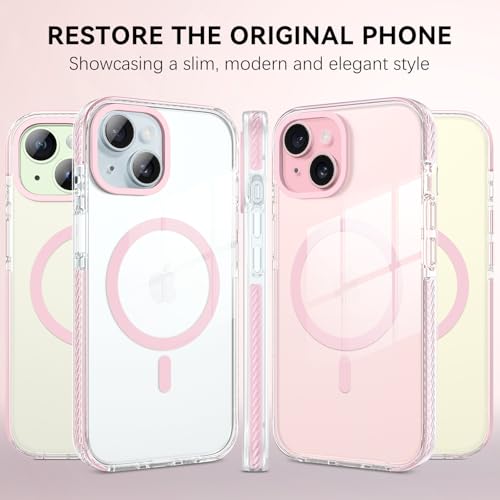 GUAGUA Magnetic for iPhone 15 Case, [Compatible with Magsafe] Military Shockproof Protective Bumper Cute Transparent Slim Anti-Yellowing Phone Cover for iPhone 15 6.1", Clear Pink - size: iPhone 15