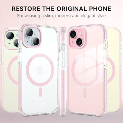 GUAGUA Magnetic for iPhone 15 Case, [Compatible with Magsafe] Military Shockproof Protective Bumper Cute Transparent Slim Anti-Yellowing Phone Cover for iPhone 15 6.1", Clear Pink - size: iPhone 15
