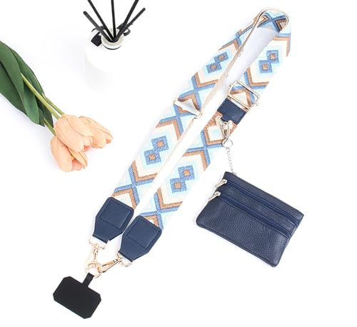 Phone Strap with Zippered Pouch, Clip and Go Strap for Phone with Wallet Crossbody, Adjustable Crossbody Phone Strap-3 - color: Bohemian Blue