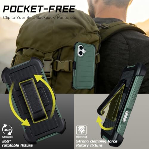 Defender Phone Case for iPhone 16 Case with Clip Holster Kickstand Green | for iPhone 16 Case Heavy Duty iPhone16 Phone Case Rugged 2 Layers of Sturdy,Anti-Drop for Phone Case iPhone 16Case Protective - color: Green