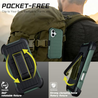 Defender Phone Case for iPhone 16 Case with Clip Holster Kickstand Green | for iPhone 16 Case Heavy Duty iPhone16 Phone Case Rugged 2 Layers of Sturdy,Anti-Drop for Phone Case iPhone 16Case Protective - color: Green