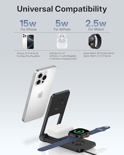 3 in 1 Charging Station for Apple Devices, Magnetic Wireless Charger Stand, 15W Foldable Travel Charging Dock for iPhone 17 16 15 14 13 12 Pro Max Plus Air & Apple Watch & AirPods 4 3 2 Pro, Black - color: Black