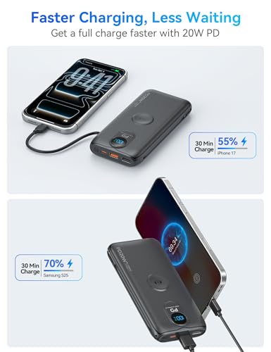 Portable Charger Power Bank 10000mAh PD20W w/Built-in Cables & AC Plug - color: Black
