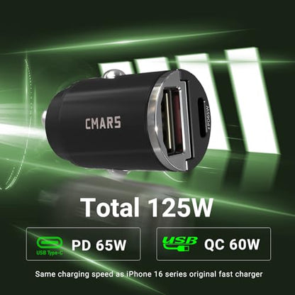 CMARS 65W+60W Cigarette Lighter Adapter,for iPhone 16 car Charger USB C/A,Fast Charging for iPhone,Car Phone Charger Dual Port for iPhone 16/15/14/13/12 Series and Samsung/Other Android Devices Black