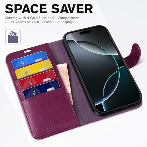 TUCCH Wallet Case for iPhone 16 Pro Max (6.9"), 4 Card Slots, Plum Purple | RFID Blocking, Viewing Stand, Shockproof TPU Shell, PU Leather, Magnetic Closure, Protective Folio Flip Cover - color: Plum Purple