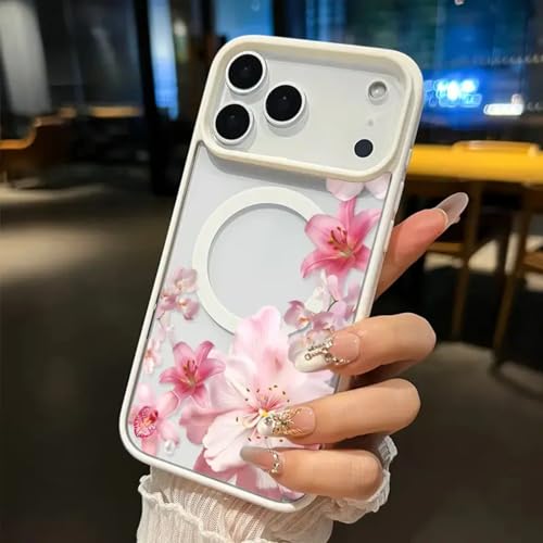 Blush Floral Cascade Magnetic Phone Case for iPhone 11-17 Series, Anti-Yellowing Shockproof, Ultra-Thin Transparent Cover, Elegant Gift (White, iPhone 17 Pro) - color: White
