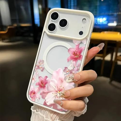 Blush Floral Cascade Magnetic Phone Case for iPhone 11-17 Series, Anti-Yellowing Shockproof, Ultra-Thin Transparent Cover, Elegant Gift (White, iPhone 17 Pro) - color: White