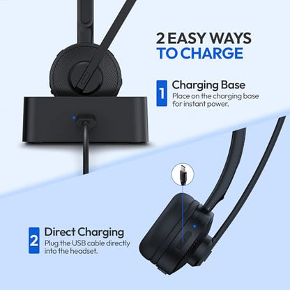 PHILIPS Wireless Headset with Mic for Work, Mono Bluetooth Trucker Headset with AI Noise Cancelling Microphone & Mute Button, All Day Extended Talk Time, Headphones for Office Call Center Computer PC