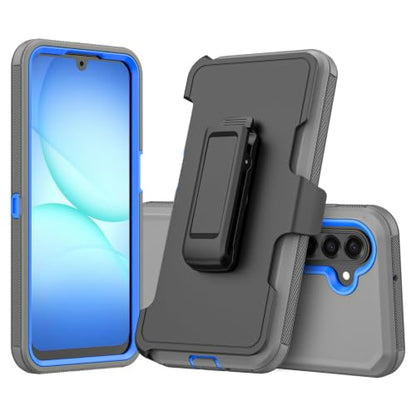 Rugged Phone Case for Samsung Galaxy A18/A17 | Belt Clip Holster & Kickstand Heavy Duty Shockproof Protective Full Body Case (Grey+Blue) - color: Grey+Blue