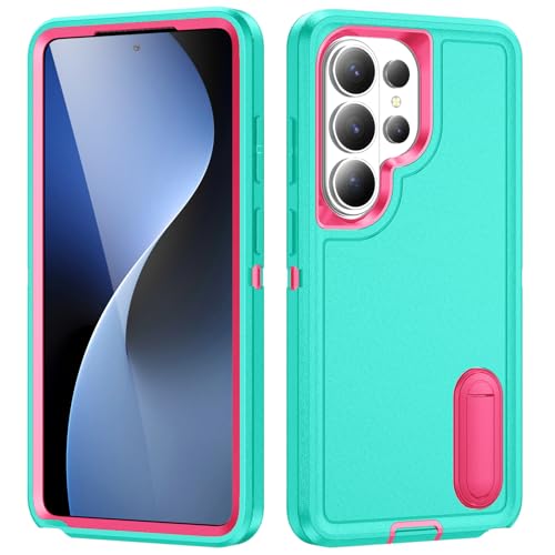 for Samsung Galaxy S26 Ultra Case with Kickstand Case 3-Layer Military Grade Protective Case Cover Silicone Heavy Duty Rugged Shockproof for Galaxy S26 Ultra Phone Case (Cyan+Rose Red) - color: Cyan+Rose Red