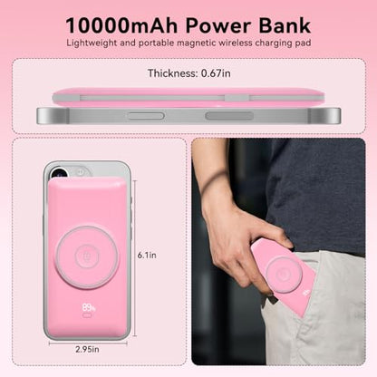 Magnetic 10000mAh Portable Charger for iWatch & iPhone, PD Fast Charging Wireless Power Bank Built-in Cables and Wall Plug, External Travel Battery Pack Compatible with iOS Android Phones - color: Sakura Pink