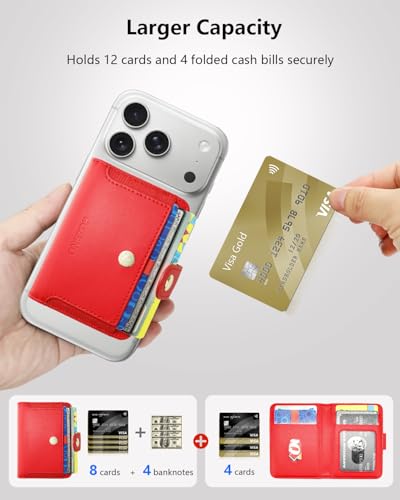 ONETOP for MagSafe Wallet,Magnetic Phone Wallet with 5 Card Slots,Red | 1-12 Cards/Cash Holder for iPhone 17/16/15/14/13/12 Series,Detachable Wallet Stick-On Back,PU Leather RFID Blocking Kickstand - color: Red