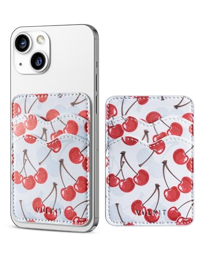 VULKIT Stick on Card Holder Compatible for iphone Leather Cell Phone Wallet Credit Card Case Strong Sticker for Women - color: Cherry Breeze
