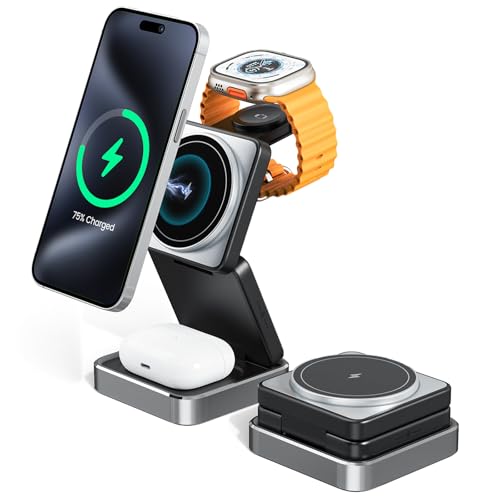 3-in-1 Wireless Charger for iPhone,15W Fast Wireless Charging Station Compatible with Mag-Safe Charger,Magnetic Foldable Travel Charger Stand Nightstand for iPhone 17/16/15/14,Apple Watch&AirPods - color: Black