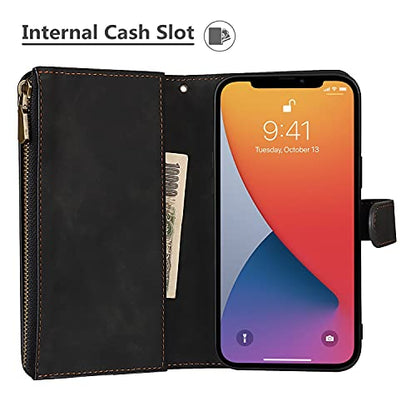 iCoverCase Compatible with iPhone 13 Wallet Phone Case with Card Holder, PU Leather Zipper Pocket Magnetic Detachable Flip Case with Wrist Strap (Black) - color: Detachable--Black