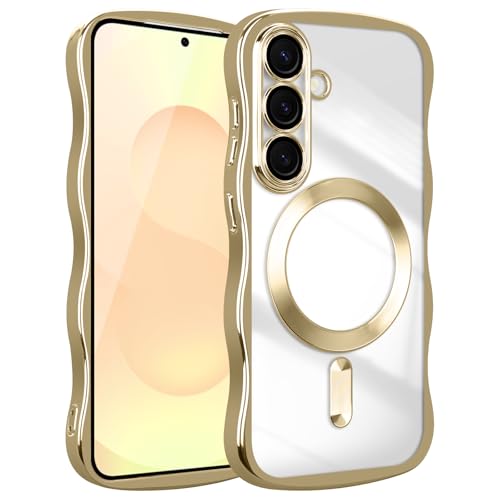 Magnetic for Samsung Galaxy S24 Plus Case Curly Clear,Gold | Compatible with MagSafe, Camera Protector, Plating TPU Shockproof Protective, Transparent Back, Wave Frame, Stylish Aesthetic - color: Gold, size: Samsung Galaxy S24 Plus
