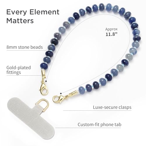 POSADINA Natural Stone Phone Charm, Beaded Healing Phone Wrist Strap, Handmade Cellphone Chain Lanyard with Tether Tab - color: Blue Aventurine