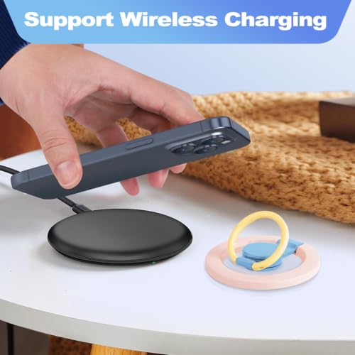 Magnetic Phone Ring Holder with Metal Ring Sticker, Long Grip as Hook, Cell Phone Grip for Hand Removable Finger Holder Compatible for MagSafe Sticker iPhone 17/16/15/14/13/12 Series, Pink - color: Pink with Blue Center