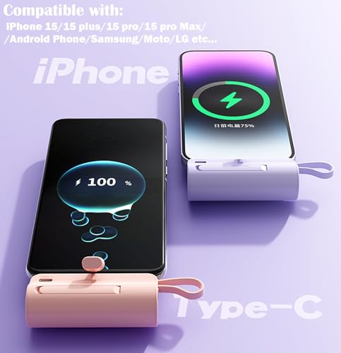 Mini Power Bank,Capsule Power Phone Charger 5500mAh,Portable Charger with Dual USB-C Ports for iPhone 17/16/15/15 plus/15 pro/15 pro Max/Android Phone/Samsung/Moto/LG etc (Purple) - color: Purple