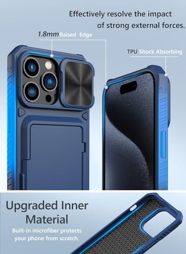 Vihibii for iPhone 15 Pro Max Case Wallet with Card Holder (4 Cards), Blue | Slide Camera Cover, Kickstand, Military Grade Drop Protection, Rugged Hard Back, Silicone Edge Wallet Phone Case, 2023, Blue - color: Blue, size: iPhone 15 Pro Max